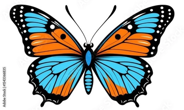 Fototapeta Vibrant orange and blue butterfly with intricate wing patterns on white background