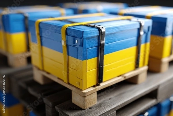 Fototapeta Pallet with boxes painted in the colors of the Ukrainian flag secured with yellow straps and black hardware