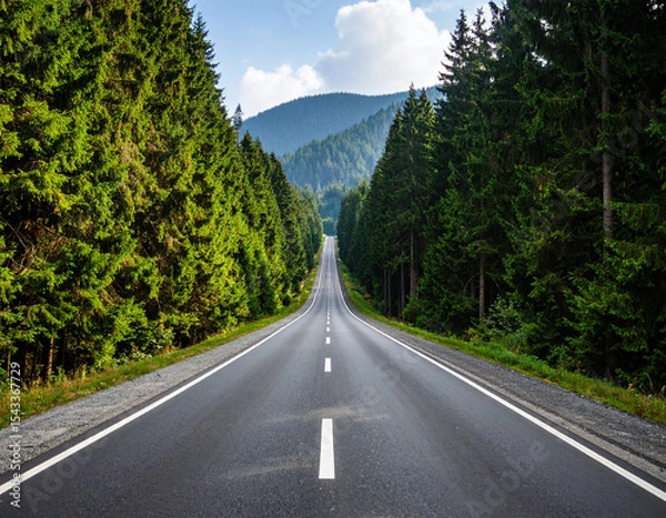 Obraz long and straight asphalt road with pine trees on the left and right sides