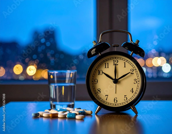 Obraz alarm clock and medicine on the table with blur window background, medicine reminder concept