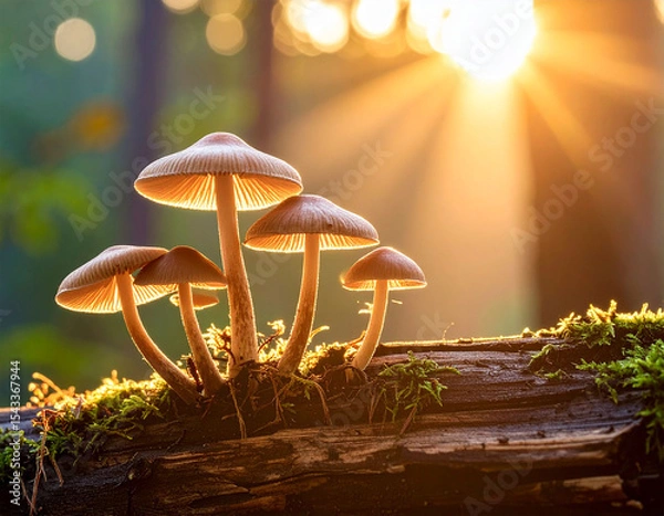 Obraz close up of mushroom plants growing on an old mossy tree trunk, natural background and soft light