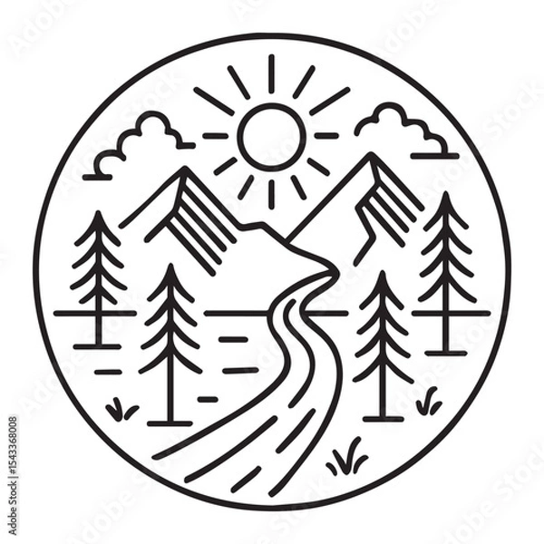 Fototapeta Circular badge design with hand drawn mountains lake canoe and trees ideal for outdoor travel hiking nature camping and adventure themes in clean minimal outline artwork style EPS Pro