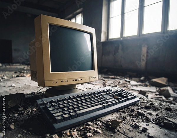 Obraz old monitor and keyboard on a dusty desk in a messy empty room