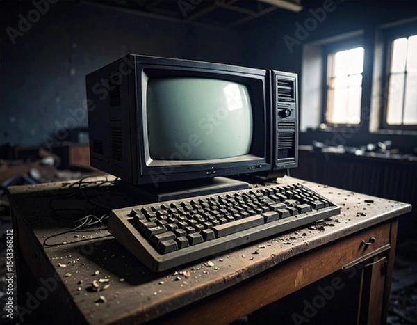 Obraz old monitor and keyboard on a dusty desk in a messy empty room