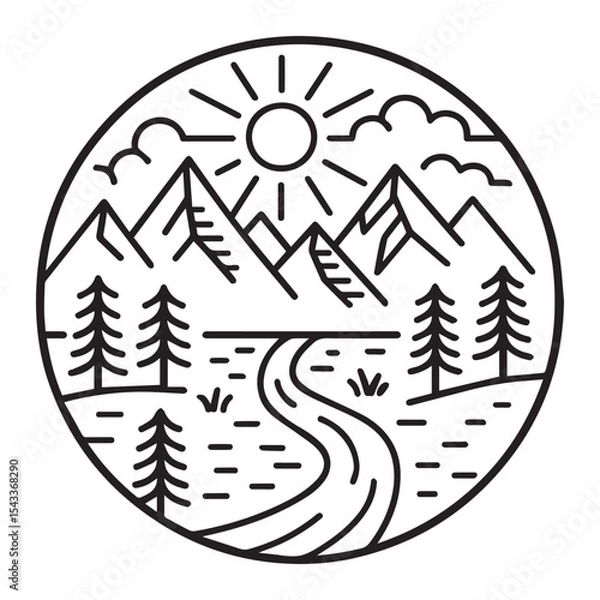 Fototapeta Outline badge of scenic mountain lake with sun pine trees and canoe hand drawn style for wilderness hiking outdoor nature adventure and minimalist travel themed artwork and branding EPS Pro