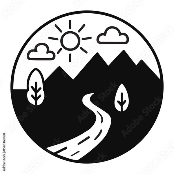 Fototapeta Line drawing of mountain lake scene with sun pine trees and canoe clean minimal nature artwork for hiking travel camping forest and outdoor lifestyle badge or graphic design projects EPS Pro