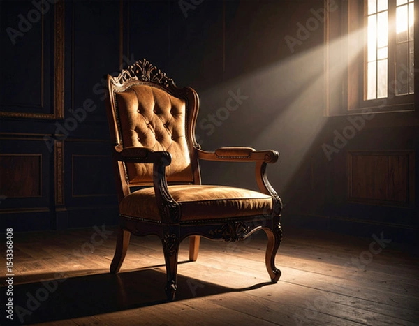 Obraz an old chair in an old house room with light coming in from an open window