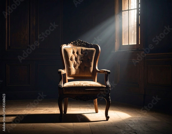 Obraz an old chair in an old house room with light coming in from an open window