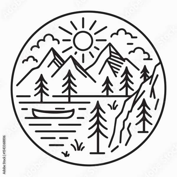 Fototapeta Minimal mountain and lake scene with canoe trees and sun in line art style circular design for outdoor nature camping hiking and travel themes perfect for print and digital use EPS Pro