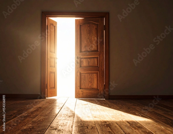 Obraz The wooden house door opened and light came in