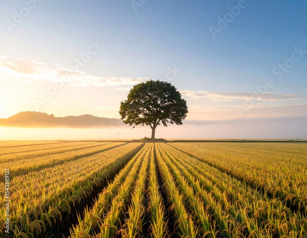 Obraz tree in the middle of rice fields with morning mist and soft light