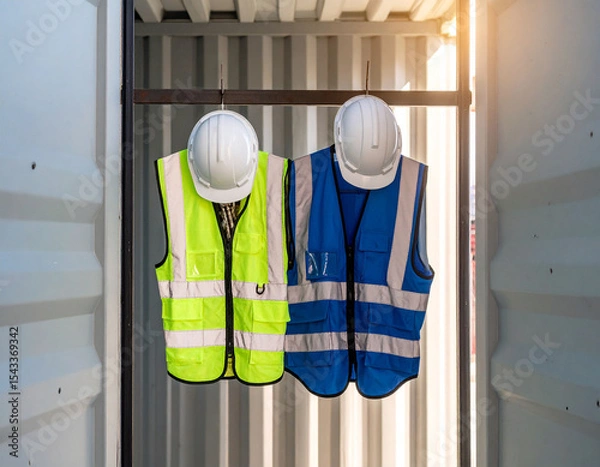 Obraz project vest and helmet hanging on a hanger, work safety concept, construction, and work preparation