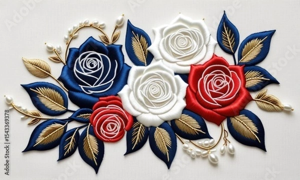 Fototapeta Elegant embroidered roses with golden leaves and pearls on fabric