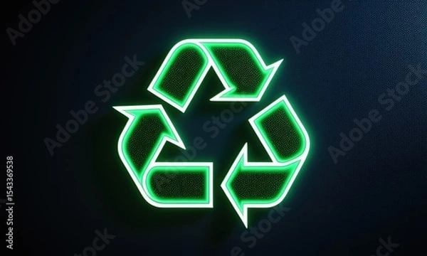 Fototapeta Glowing neon green recycling icon on dark background for ecofriendly concepts