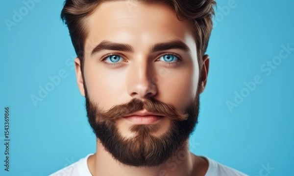 Fototapeta Portrait of a bearded man with blue eyes and stylish hairstyle on sky blue background