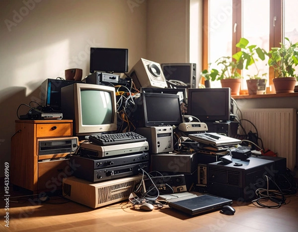 Obraz electronic waste such as computers, monitors and others in an empty room