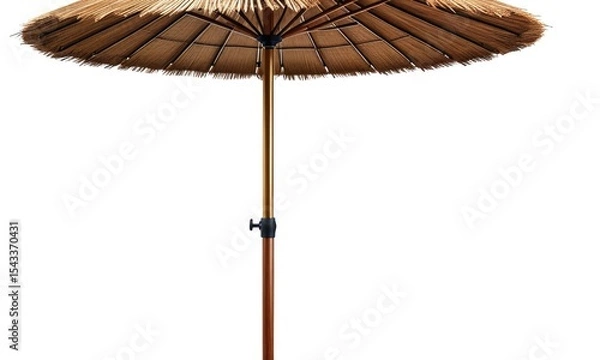 Fototapeta Tropical straw umbrella isolated on white background with wooden pole