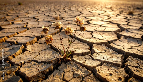 Obraz Dry and wilted flower plants on arid and cracked soil. Drought concept