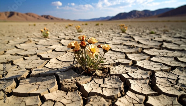 Obraz Dry and wilted flower plants on arid and cracked soil. Drought concept