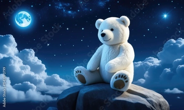 Fototapeta Nighttime serenity: cute teddy bear under a starry sky with full moon and clouds