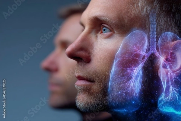 Fototapeta Profile of two men with lung graphic overlay blending human form with internal anatomy