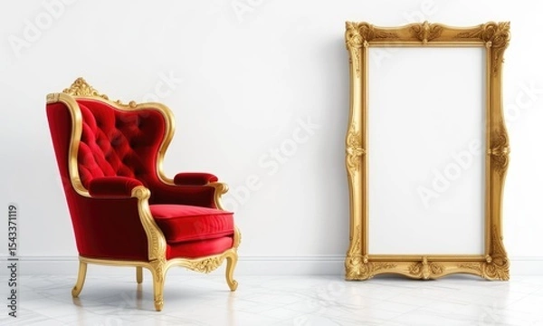 Fototapeta Luxurious red armchair and ornate gold frame in elegant interior setting