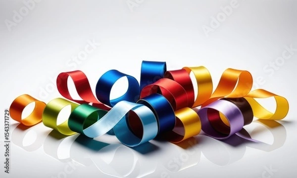Fototapeta Colorful satin ribbons in a curved arrangement on a reflective surface