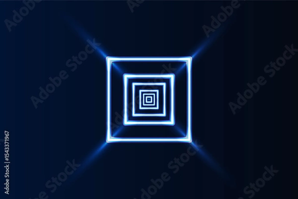 Fototapeta Glowing blue neon squares forming a tunnel like visual illusion on a dark background, evoking a futuristic digital vibe