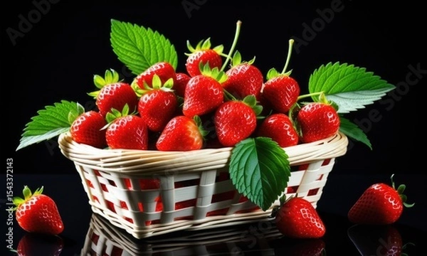 Fototapeta Fresh ripe strawberries in a basket against a black background