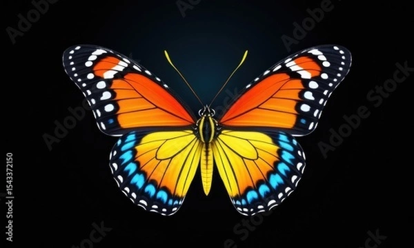 Fototapeta Vibrant multicolored butterfly with symmetrical pattern on black background