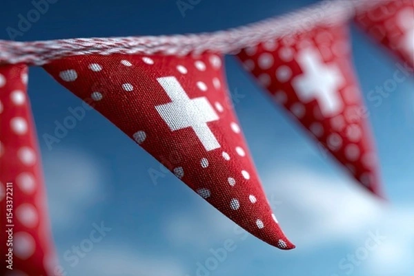 Fototapeta Red and white bunting featuring crosses and polka dots hangs against a blue sky