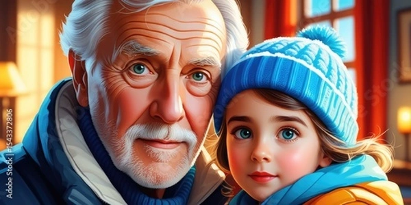 Fototapeta Warm grandfather and granddaughter bonding in cozy winter setting