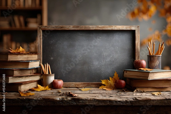 Fototapeta Back to school, blank chalkboard on wooden desk with books, pencils and leaves for school advertising banner with educational elements and autumn vibe, copy space available.