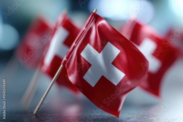 Fototapeta Several Swiss flags are displayed with a bright white cross centered on a red field