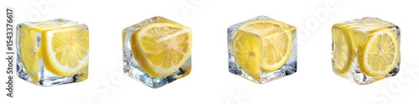 Fototapeta Isolated lemon slice encased inside an ice cube, offering a refreshing and vibrant visual element ideal for summery themes, presented as a PNG set with a transparent background