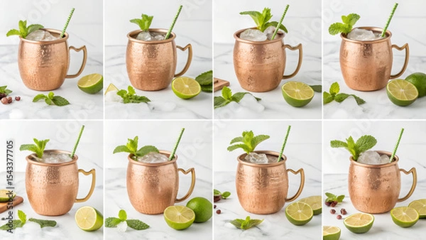 Fototapeta Refreshing moscow mule cocktail in copper mugs with limes and mint garnish