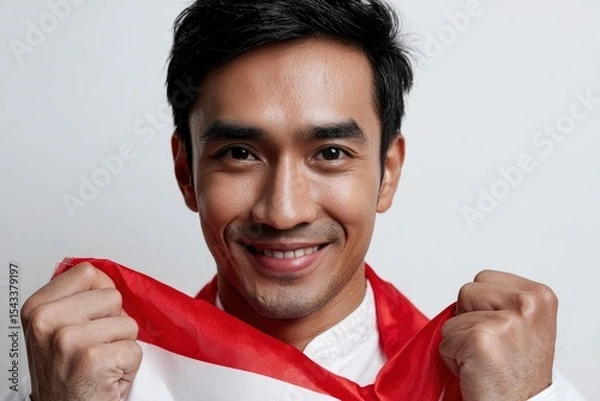 Fototapeta Smiling man holds a red and white flag in front of him with a neutral background