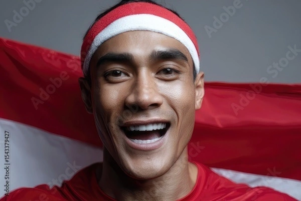 Fototapeta Smiling man with a red  white headband and shirt posing with the same colors in the background focusing on the joyful expression