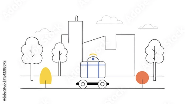 Fototapeta Illustration of a self driving delivery vehicle in a city with trees and clouds in the background