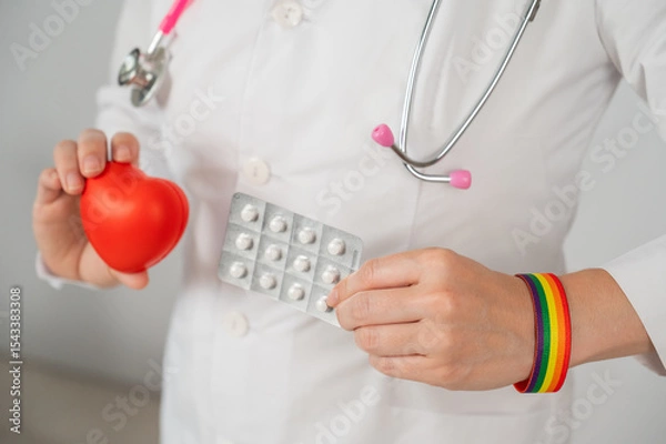 Obraz Doctor with rainbow bracelet holding heart and blister of pills. Concept of health care during gender transition. 