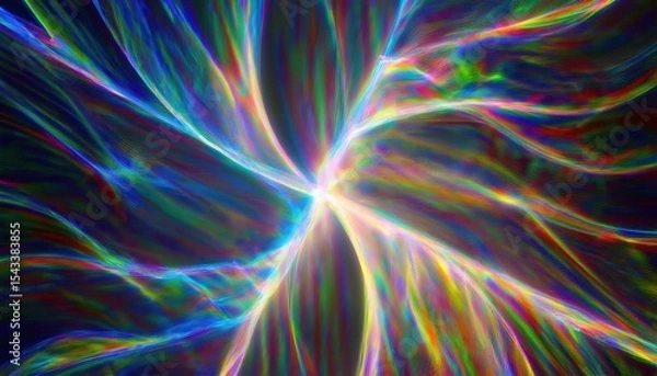 Fototapeta radiant multicolor light burst with fine luminous strands on dark background for futuristic design, digital wallpaper, branding, or motion graphic concept


