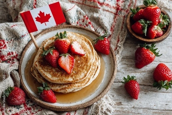 Obraz Canadian breakfast with pancakes, maple syrup, strawberries and a tiny Canadian flag, rustic white background, cozy and festive mood