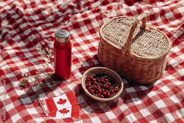 Obraz Picnic scene with red and white checkered blanket, basket, berries, small Canadian flags and thermos, soft summer light, minimal and natural