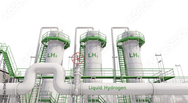 Fototapeta Hydrogen liquefaction facility isolated on transparent background. Transforming green hydrogen into liquid form through cooling and compression. 3D illustration