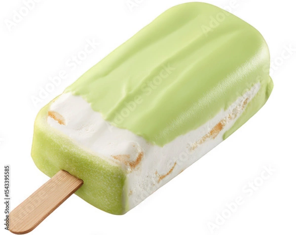 Obraz Delicious Green Ice Cream Popsicle with Chocolate Coating and Vanilla Filling on a Wooden Stick