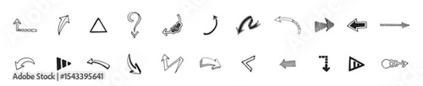 Obraz A set of various hand drawn arrows. Various curved lines and arrow curls. Drawing with a marker, different arrows in pen. Set of vector icons. Black and white direction signs., vector illustration.
