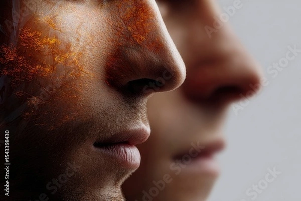 Fototapeta Two blurred human faces in profile with orange arboreal patterns superimposed on the forward face