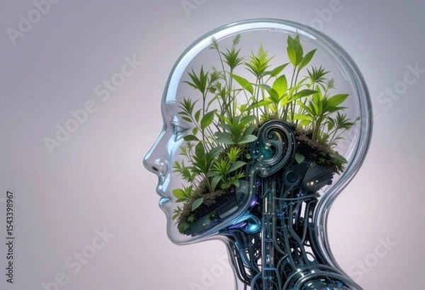 Fototapeta Cabeza de robot de cristal llena de plantas germinadas sobre un fondo con un suave gradiente