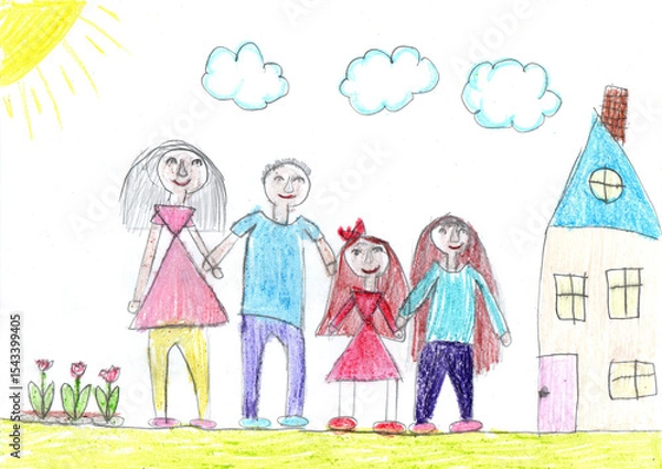 Obraz Child drawing of a happy family on a walk outdoors