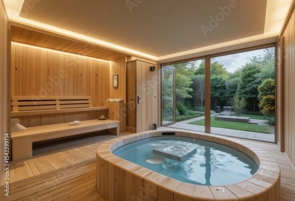 Fototapeta Un spa tranquilo con sauna de madera, iluminación suave y un jacuzzi sereno con vista a un jardín